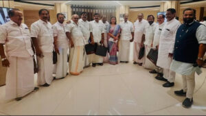 DCC presidents from Kerala with then KPCC president K Sudhakaran during the DCC Presidents' Meet at New Delhi in March.