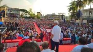 Former CPI(M) General Secretary Sitaram Yechury inaugurating a Palestine Solidarity meeting in Cherkala, Kasaragod district in 2023. (Supplied)