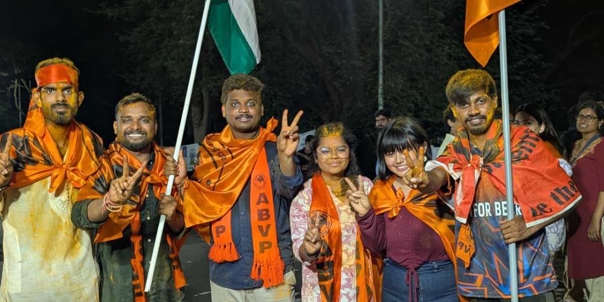 Students belonging to the ABVP celebrating their victory.