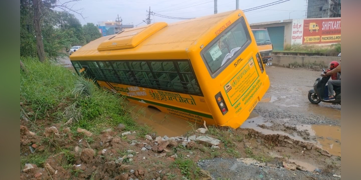 School bus with around 20 children narrowly avoids toppling in Bengaluru. School bus with around 20 children narrowly avoids toppling in Bengaluru.