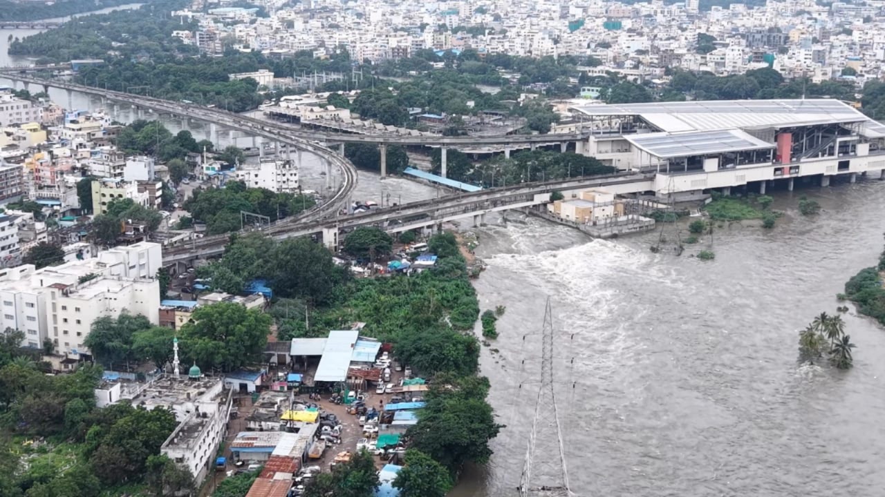 Musi An overflowing Musi River flooding the area near the MGBS in Hyderabad.