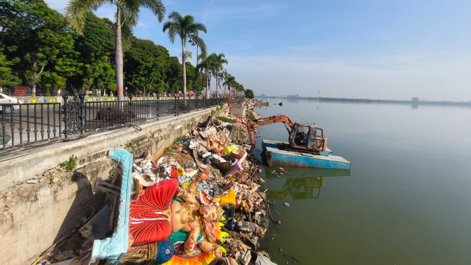 The aftermath of idol immersions at Hyderabad’s Hussain Sagar The aftermath of idol immersions at Hyderabad's Hussain Sagar