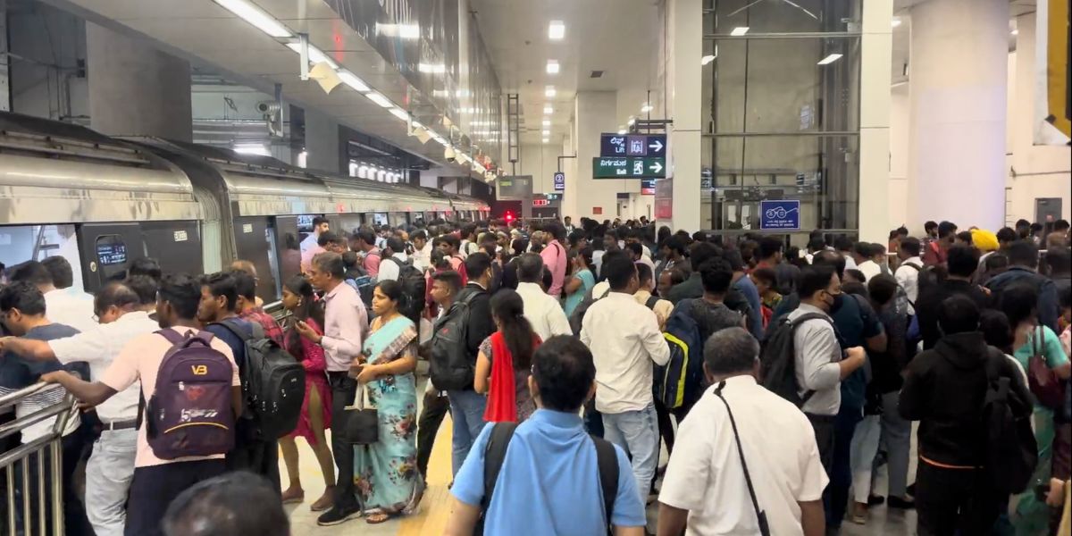 The crowd at a Bengaluru metro station during peak hour.