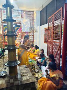 Women and children have gathered at the Subrahmaniya Temple to celebrate Navaratri.