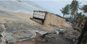 A container washed ashore at Maruthadi Beach in Kollam in June.