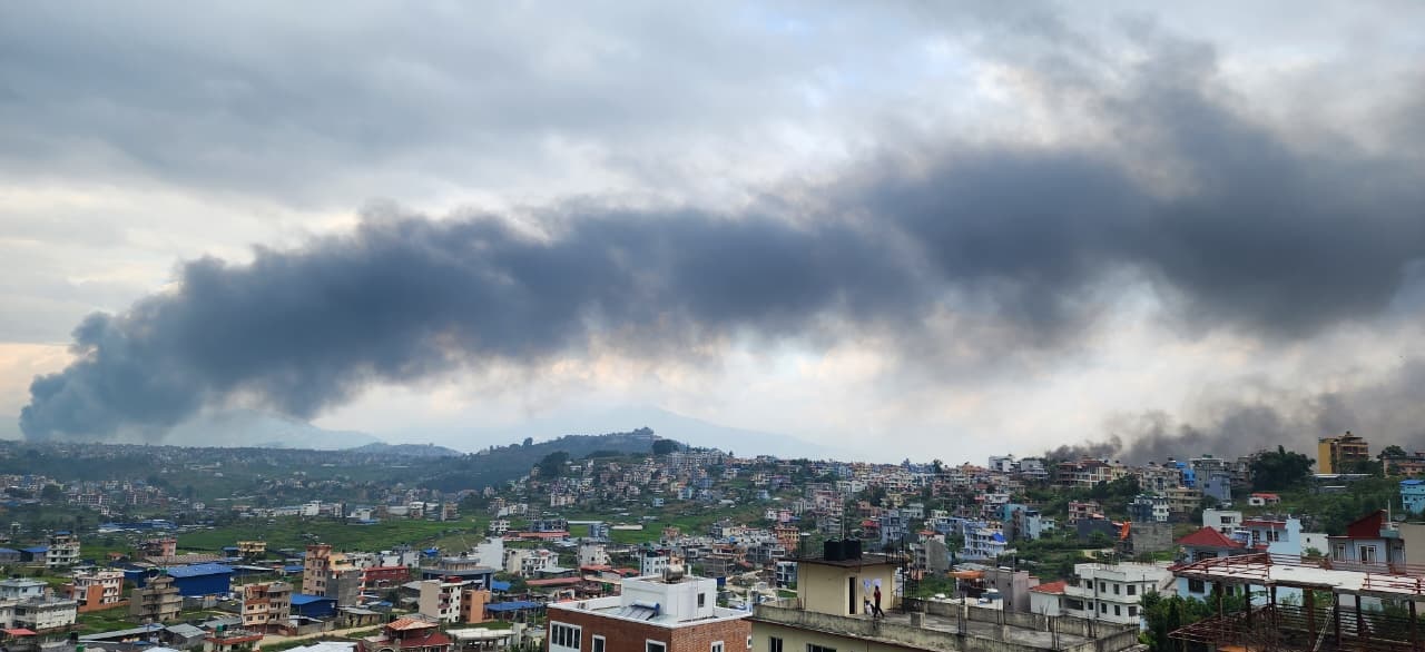 kathmandu Kathmandu is burning. Lalu shared a photo showing the view from their shelter.