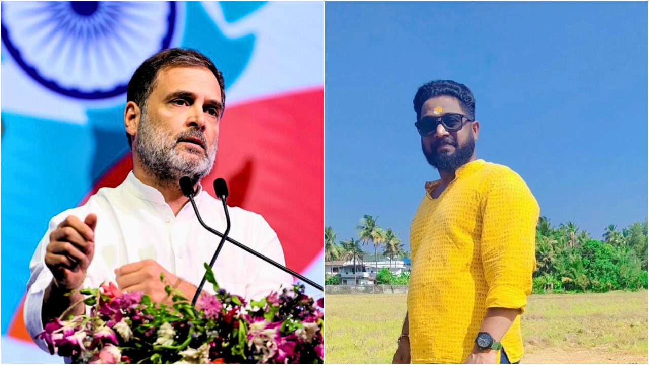 Printu Mahadev (R) threatened LoP Rahul Gandhi in a live TV interview. Credit: x.com/INCIndia, https://www.facebook.com/printu.abvp