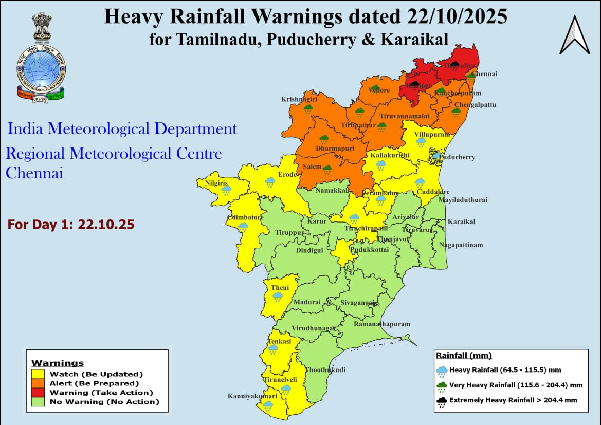 IMD RMC Chennai issued a red alert to Tiruvallur and Ranipet districts on Wednesday, orange alert to Chennai, Kanchipuram, Chengalpattu, Tiruvannamalai, Vellore, Villupuram, Tirupattur, Krishnagiri, Dharmapuri, and Salem.