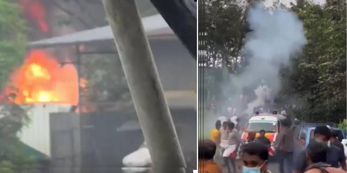 Enraged protesters reportedly set the factory on fire, causing extensive damage to the facility. (Right) Police fired teargas shells to disperse the mob.