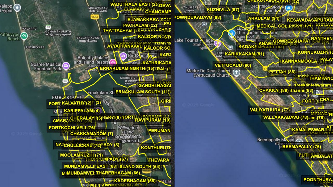 Digital maps of Cochin and Thiruvananthapuram Corporations.