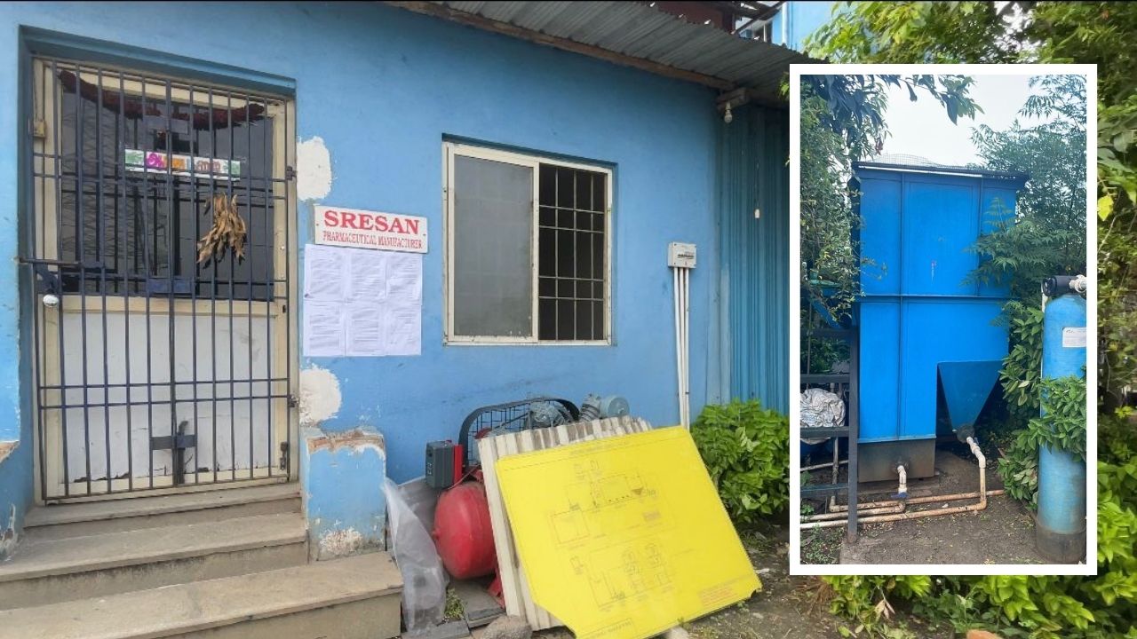 The sealed Sresan Pharmaceuticals facility in Kanchipuram. (Inset) An effluent treatment plant located outside the facility.