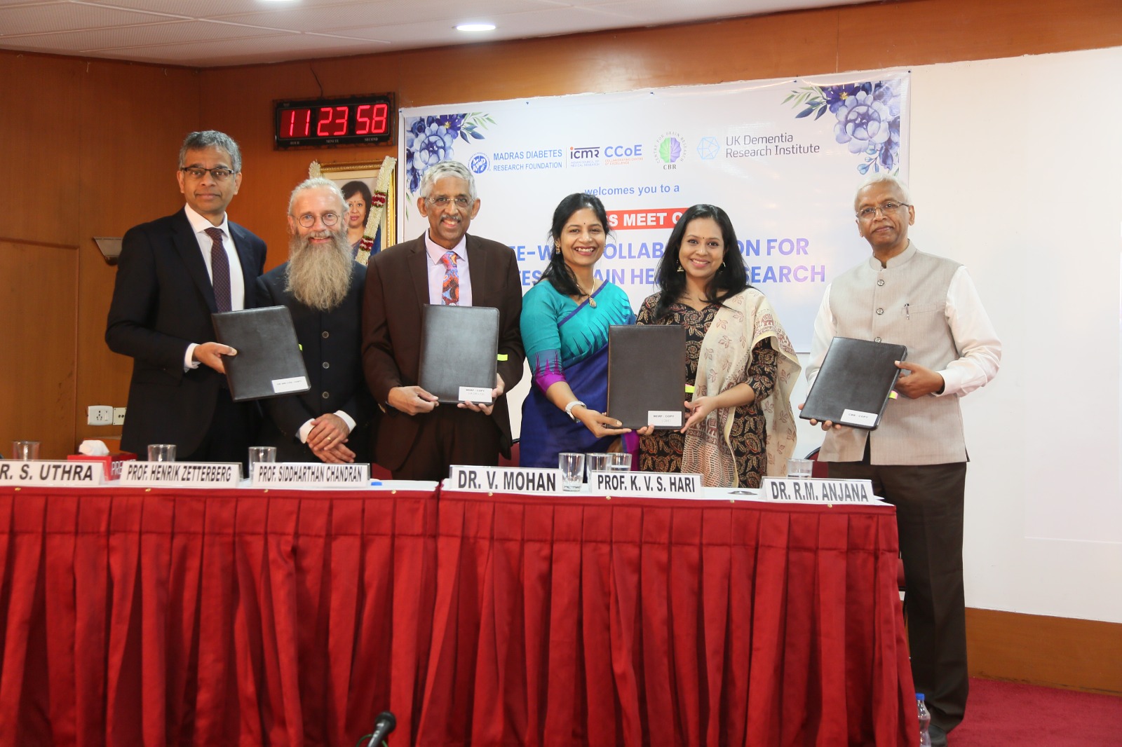 MDRF, IISc, UK DRI join forces to explore diabetes impact on brain health (L–R) Prof. Siddharthan Chandran – Director & Chief Executive, UK Dementia Research Institute; Prof. Henrik Zetterberg – Head, Department of Psychiatry & Neurochemistry, University of Gothenburg; Group Leader, UK DRI at UCL Queen Square Institute of Neurology; Visiting Faculty, CBR; Dr. V. Mohan – Chairman, Madras Diabetes Research Foundation (MDRF); Dr. Uthra – Consultant, Dr. Mohan’s Diabetes Specialities Centre; Dr. R. M. Anjana – President, Madras Diabetes Research Foundation (MDRF); and Prof. K. V. S. Hari – Director, Centre for Brain Research (CBR), IISc Bengaluru