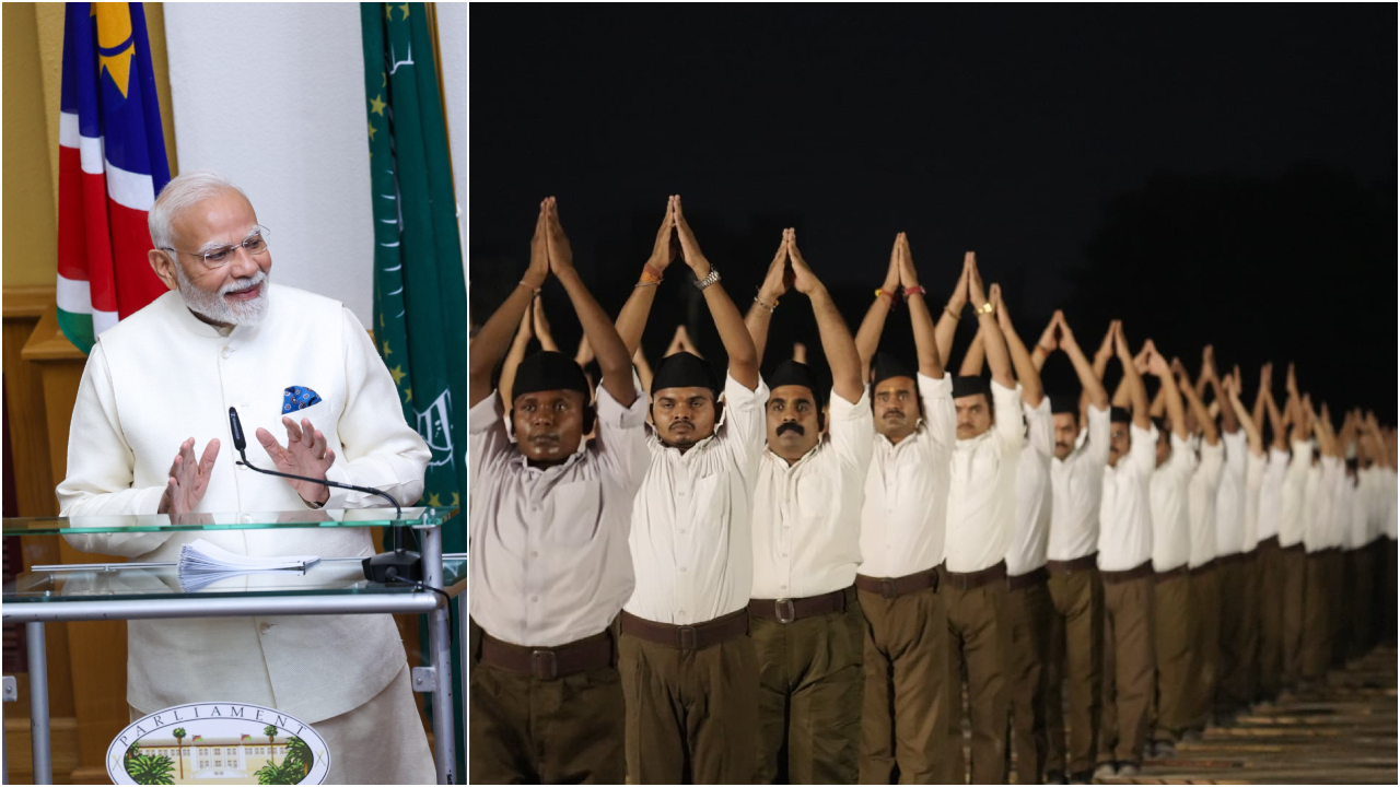 Speaking at the RSS’ centenary event in Delhi on 1 October, Modi portrayed the Sangh as a key force in ending the Nizam’s oppression. Credit: x.com/narendramodi, x.com/RSSorg