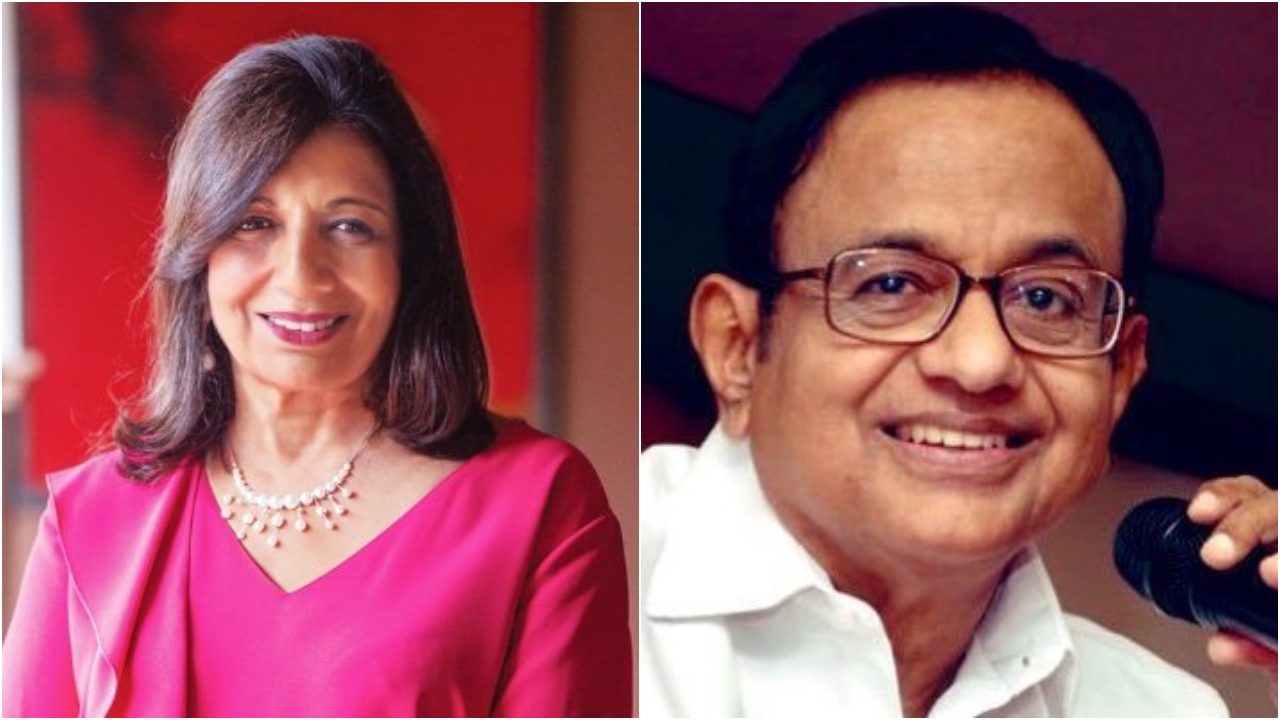 Kiran Mazumdar Shaw and P Chidambaram. Credit: x.com/kiranshaw, x.com/PChidambaram_IN