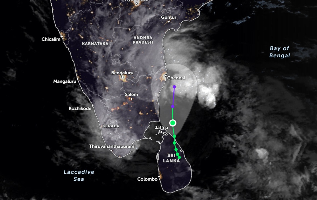 The storm is expected to make landfall near North Tamil Nadu, Puducherry and South Andhra Pradesh on Sunday, 30 November, morning, with gale wind speeds reaching 70-80 to 90 kmph, before slowing down to 45-55 to 65 kmph on Monday, 1 December. (Image courtesy: zoom.earth)