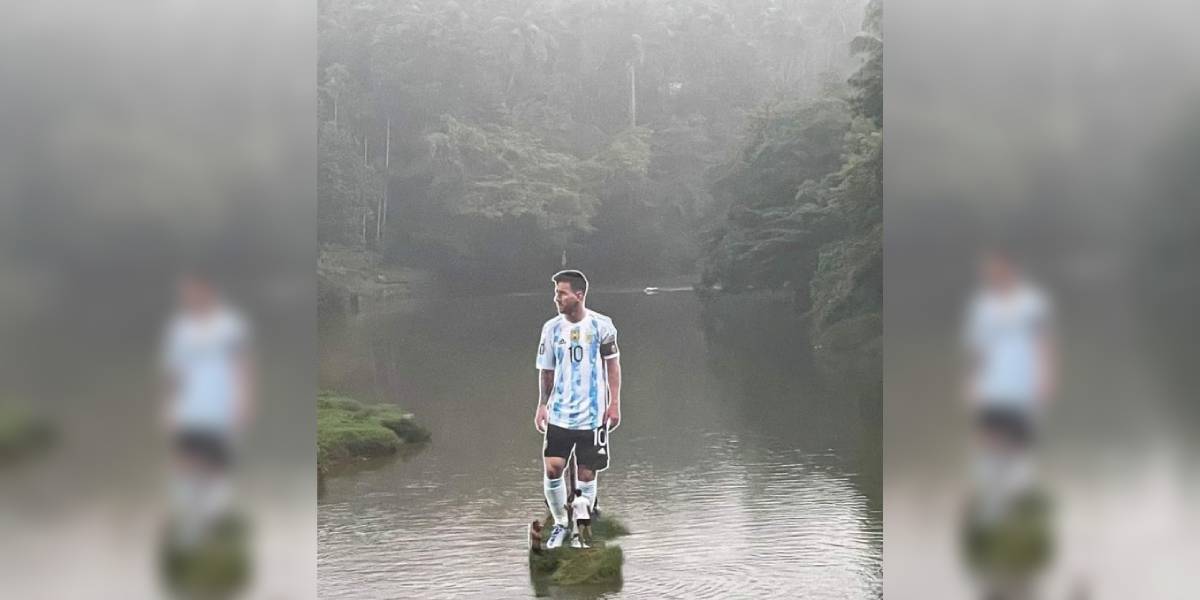 A huge cutout of Messi erected in a river in Kozhikode, Kerala, during the 2022 World Cup in Qatar.