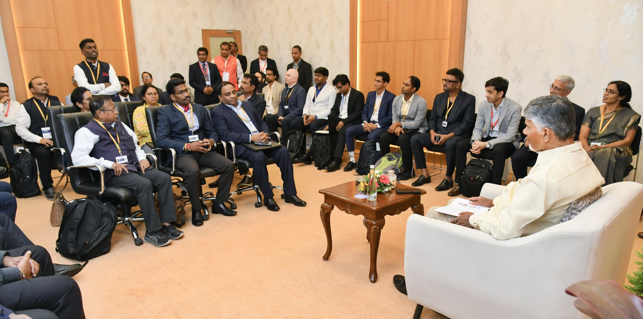 Andhra Pradesh Chief Minister N Chandrababu Naidu with industry leaders at the summit in Visakhapatnam on Saturday.