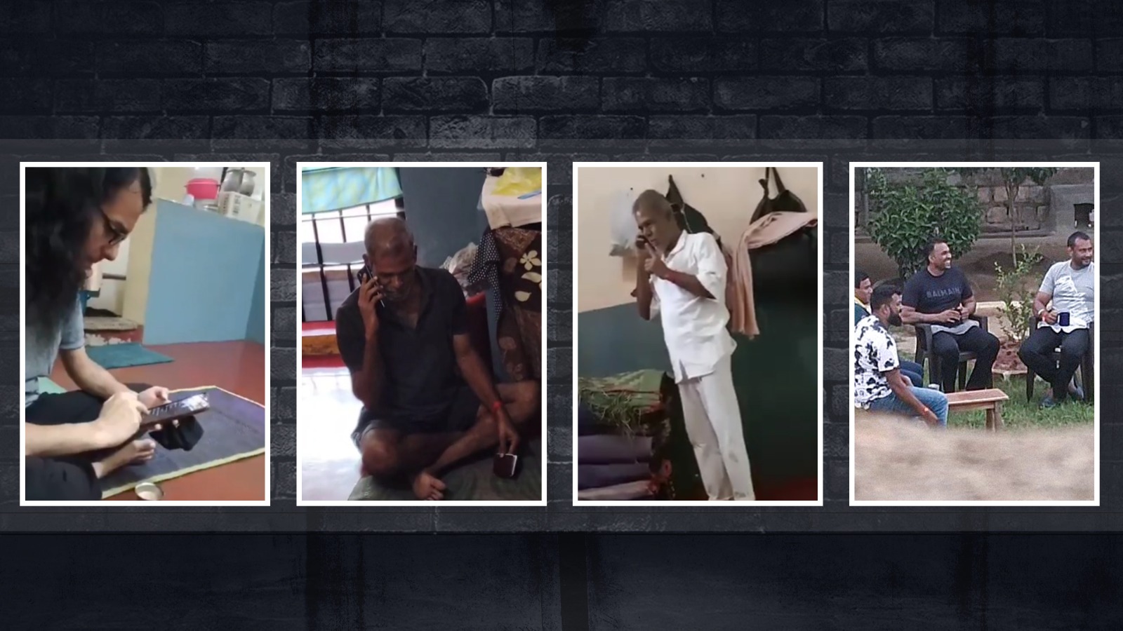Snapshots from Parappana Agrahara prison: (From Left to right) Juhad Hameed Shakeel, a wanted ISIS operative, scrolling on his phone; Umesh Reddy, rape and murder convict, using a mobile phone; another screengrab of Umesh Reddy; and Kannada actor and murder accused Darshan Thoogudeepa, along with rowdy sheeters, smoking a cigarette.