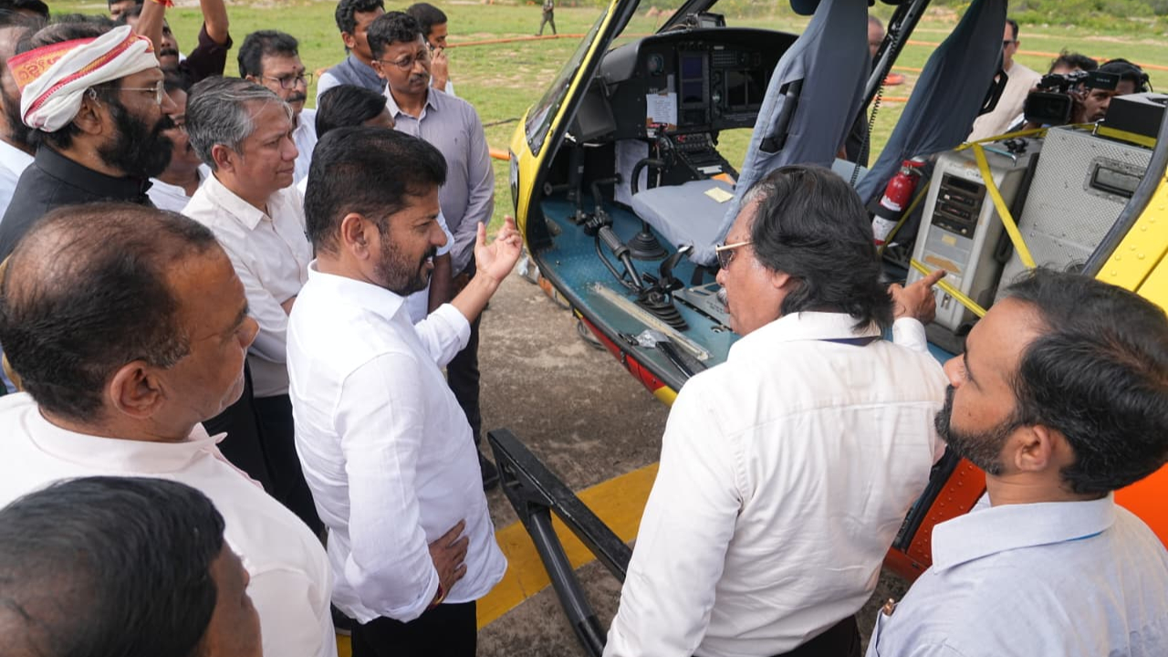 Telangana Chief Minister A Revanth Reddy flagged off the helicopter operations at the SLBC outlet near Mannevalli in Nagarkurnool ditrict. (Credit: x.com/JacobBhoompag)