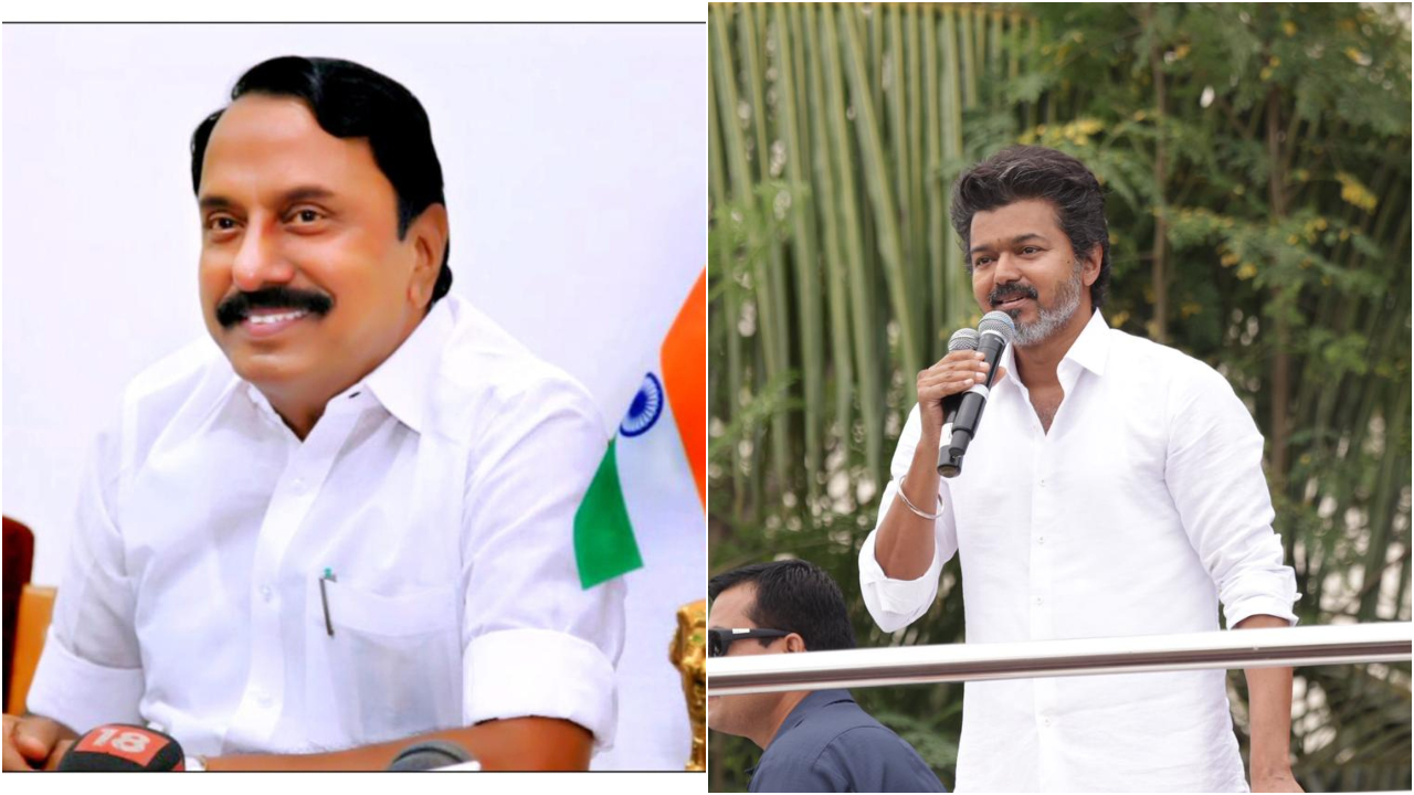 KA Sengottaiyan (L) and TVK chief Vijay. Credit: x.com/KASengottaiyan, x.com/TVKPartyHQ