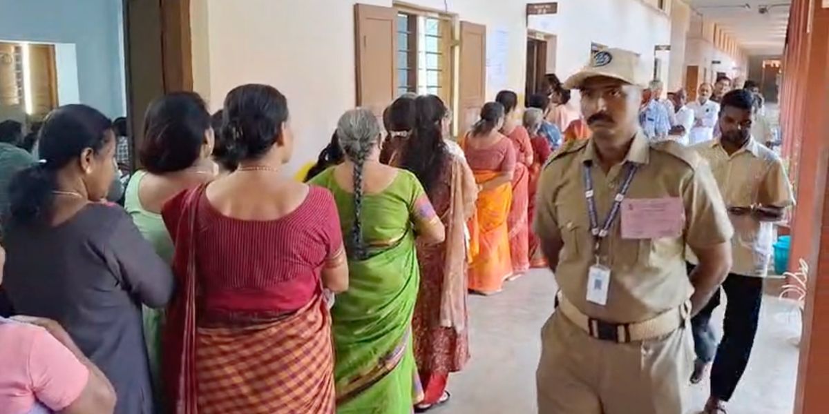 A scene from a polling booth setup at NSS Neeramankara Thiruvananthapuram.