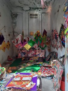 Kites displayed at a shop in Dhoolpet.