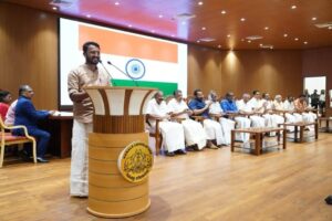 Rahul Mamkootathil taking oath as an MLA on 4 December 2024 at the R Sankaranarayanan Thampi Members’ Lounge in the Kerala Assembly complex.
