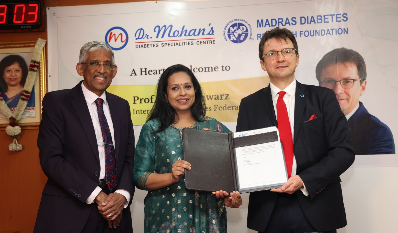 (L to R) Dr. V. Mohan – Chairman, Dr. Mohan’s Diabetes Specialities Centre & Madras Diabetes Research Foundation; Dr. R. M. Anjana – Managing Director, Dr. Mohan’s Diabetes Specialities Centre; President, MDRF & Chair, IDF working group on physical activity and Prof. Peter Schwarz – President, International Diabetes Federation. (Supplied)