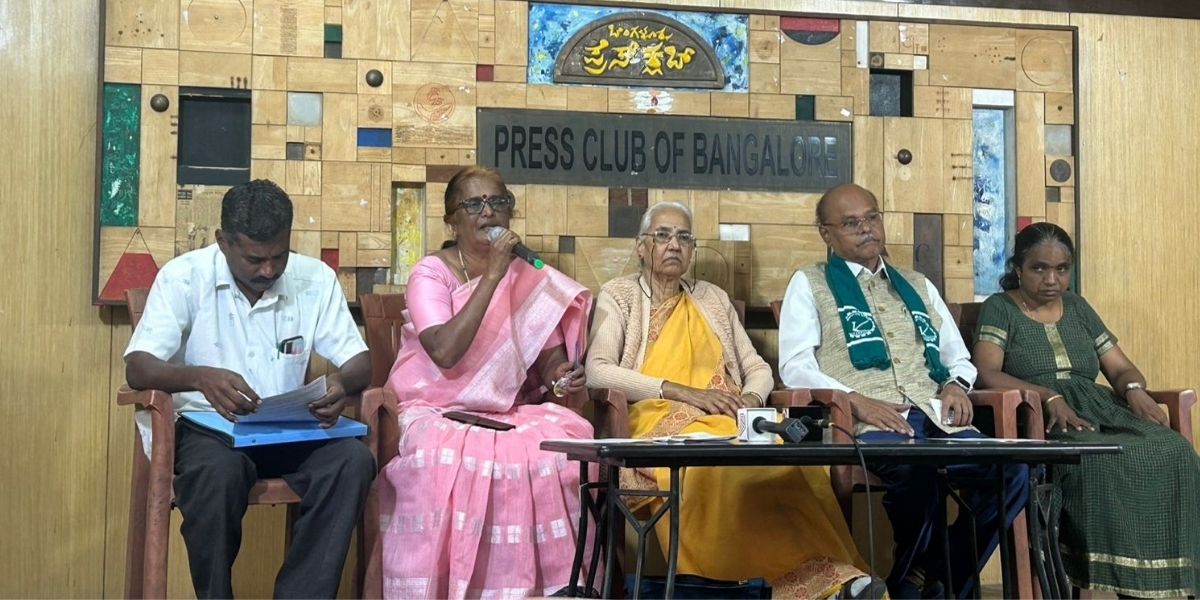 Activists gathered at Bengaluru’s press club to raise concerns over Kogilu demolition drive. (Supplied)