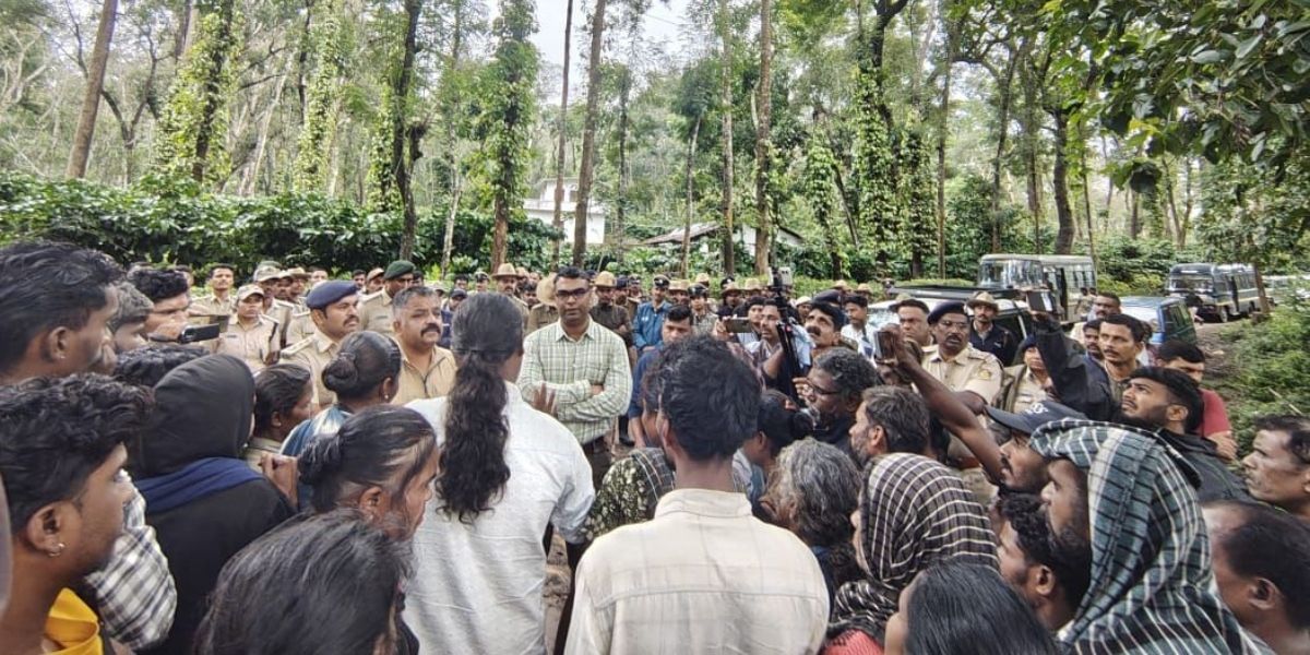 An image from June 2025 when security forces demolished the huts of the Jenu Kuruba community. (CNAPA)