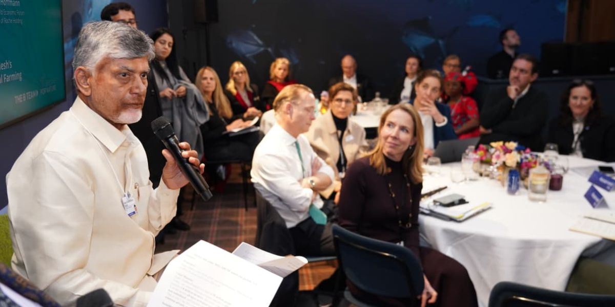 Andhra Pradesh Chief Minister Chandrababu Naidu speaking at WEF summit in Davos.
