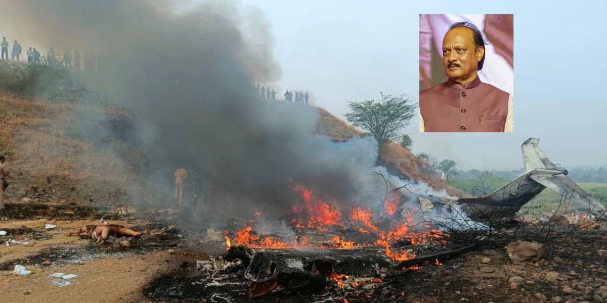 The plane crashed at the threshold of runway 11 while attempting to land and immediately burst into flames, killing all 5 aboard. Inset, Ajit Pawar.