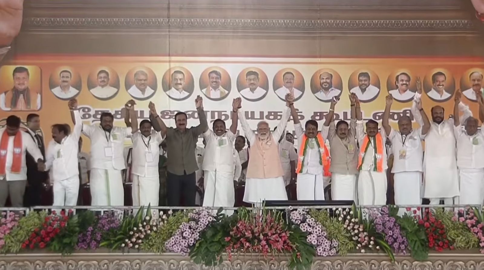 Prime Minister Narendra Modi with alliance partners at the NDA rally on Friday.