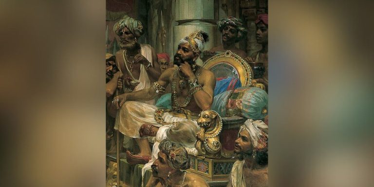 The Zamorin of Calicut (1495–1500) on his throne as painted by Veloso Salgado in 1898. (Creative Commons)