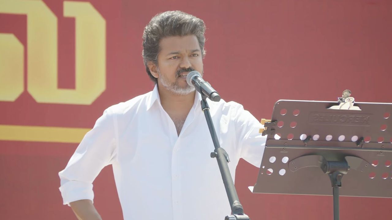Vijay speaking at a public meeting in Salem.