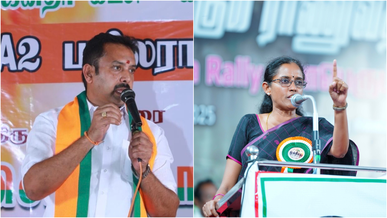 Karur BJP president VV Senthilnathan (L) and Congress MP Jothimani. Credit: x.com/VVSenthilnathan, x.com/jothims