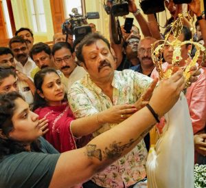 Suresh Gopi reportedly donated a five-sovereign gold crown to Our Lady of Lourdes Metropolitan Cathedral in Thrissur.