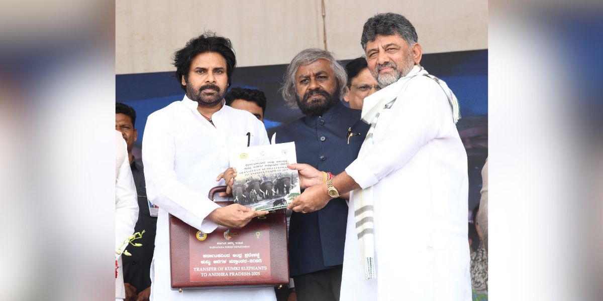 Karnataka Deputy Chief Minister DK Shivakumar handing over Kumki elephant documents to Andhra Pradesh Deputy Chief Minister Pawan Kalyan. (File photo)