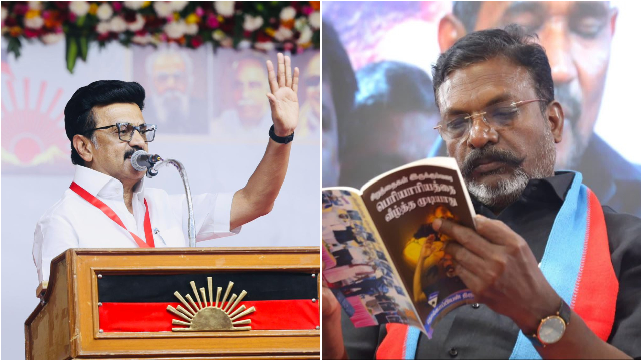 Tamil Nadu CM MK stalin and VCK president Thol Thirumavalavan. Credit: x.com/arivalayam, x.com/thirumaofficial