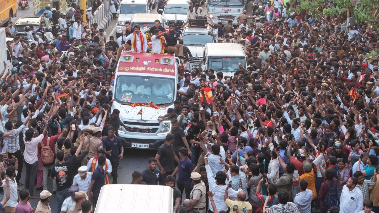 Actor-turned-politician Vijay during poll campaigning for TVK.