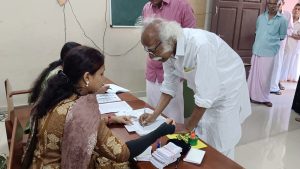 Minister Ramachandran Kadanapally after casting his vote at booth number 51 at Cheruvachery Government LP School, Kannur. 