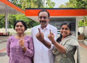 Rony K Baby, the UDF candidate in the Kanjirappally Assembly constituency in Kottayam cast his vote at Booth No. 23 at Aanakkallu Government LP School.