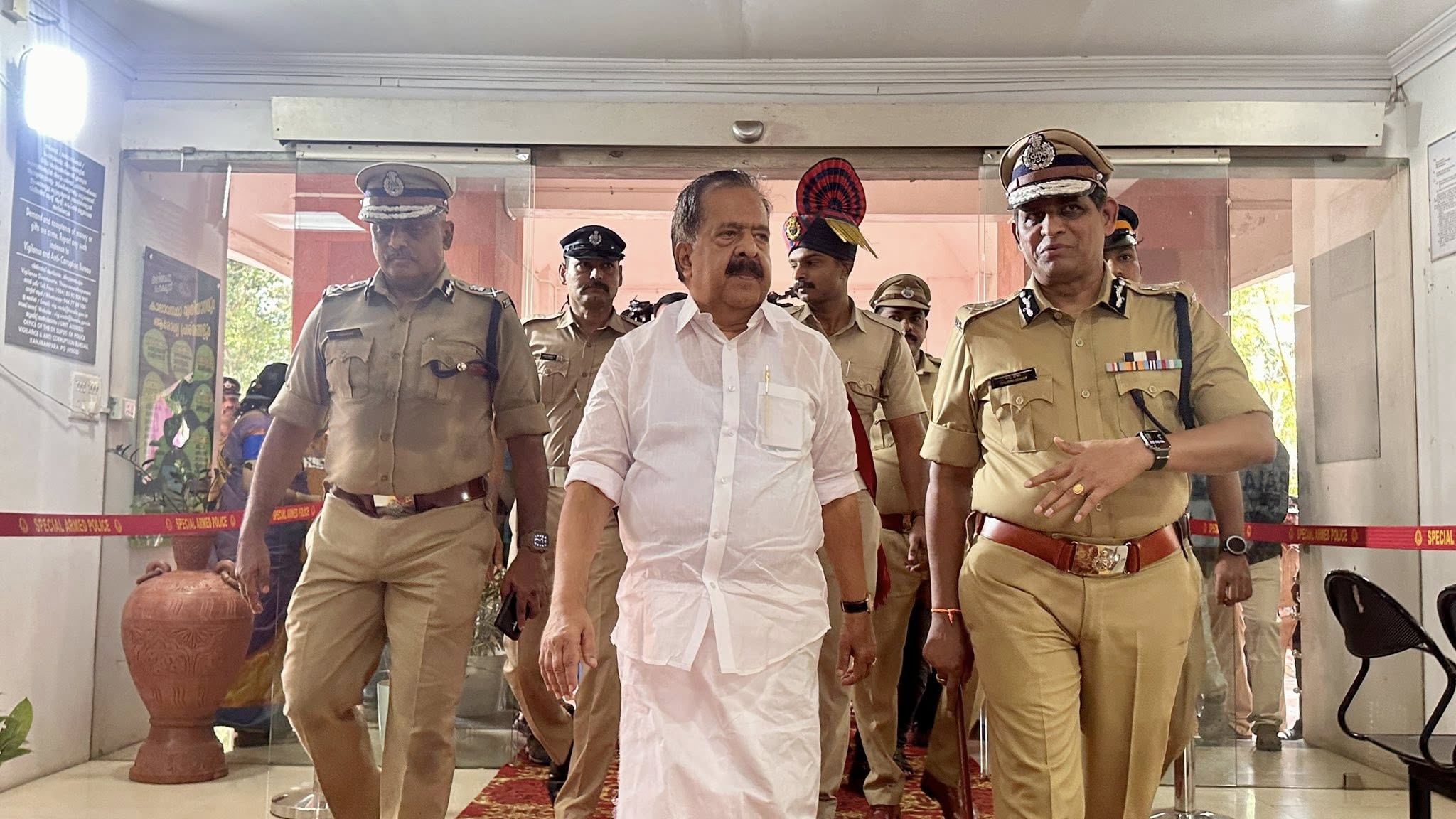 Home Minister Ramesh Chennithala at the Police Headquarters.