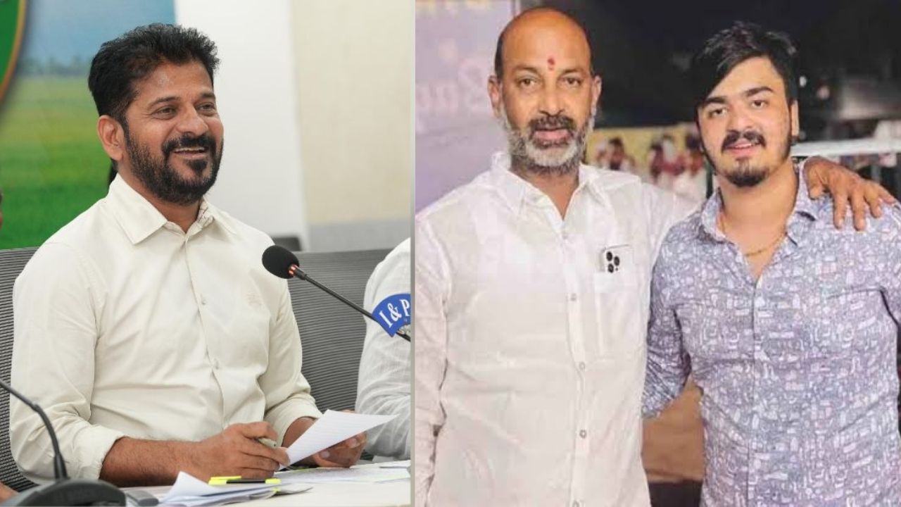 Chief Minister A Revanth Reddy, and Bageerath (right) with his father, Minister Bandi Sanjay.