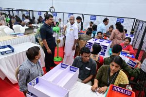 LDF candidate for Kannur Assembly Constituency Ramachandran Kadannappalli at a counting centre.