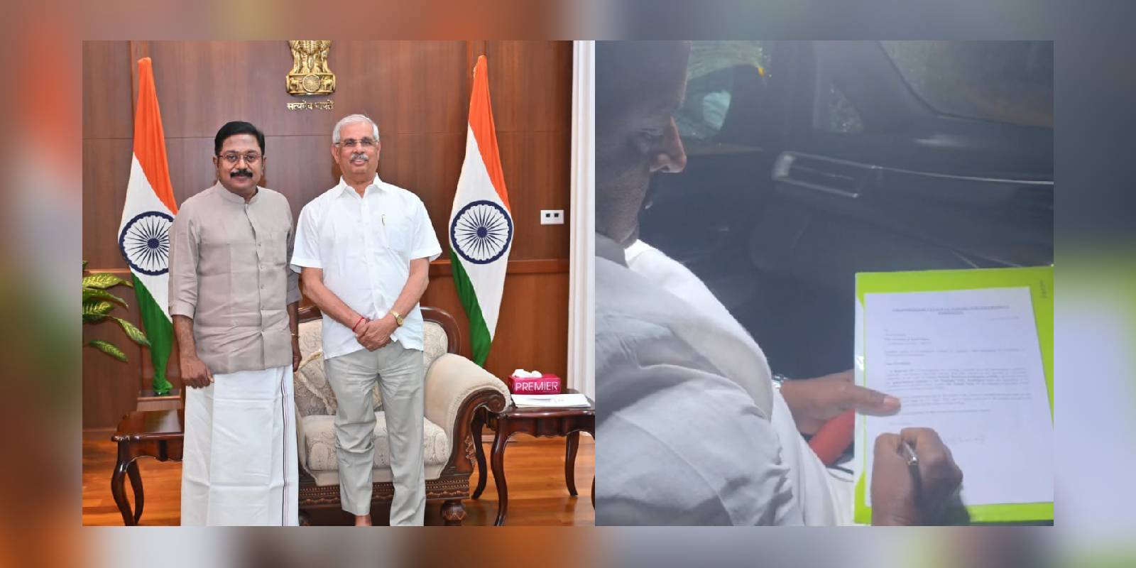 TTV Dhinakaran meets governor and MLA Kamaraj signing letter supporting TVK