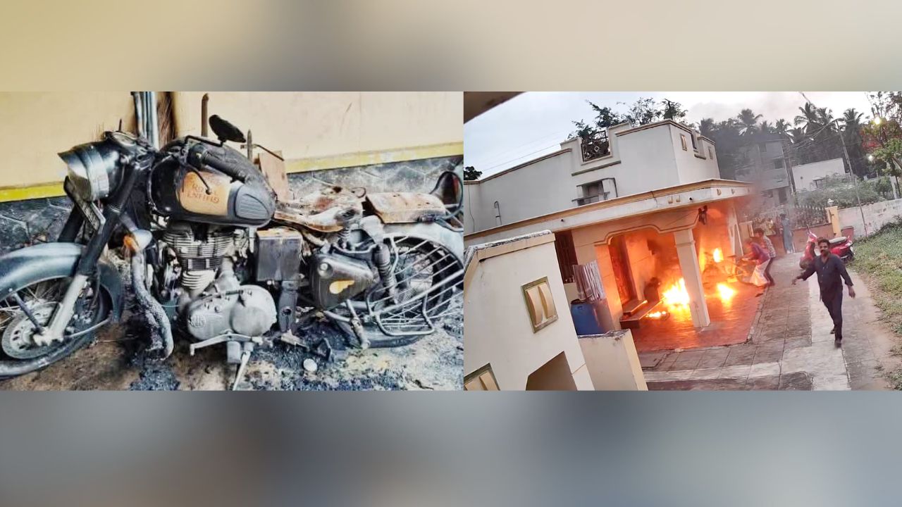 The bike that was set on fire in Kerala and the house on fire in Tamil Nadu after bomb was thrown.