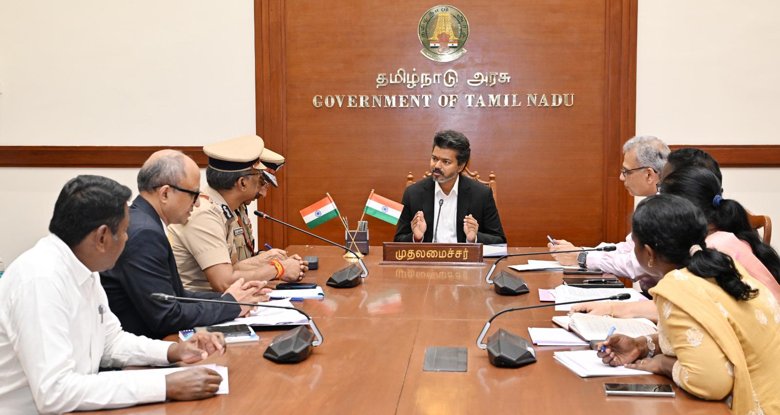 Chief Minister C Joseph Vijay chairing a review meeting on law & order soon after the swearing-in ceremony.