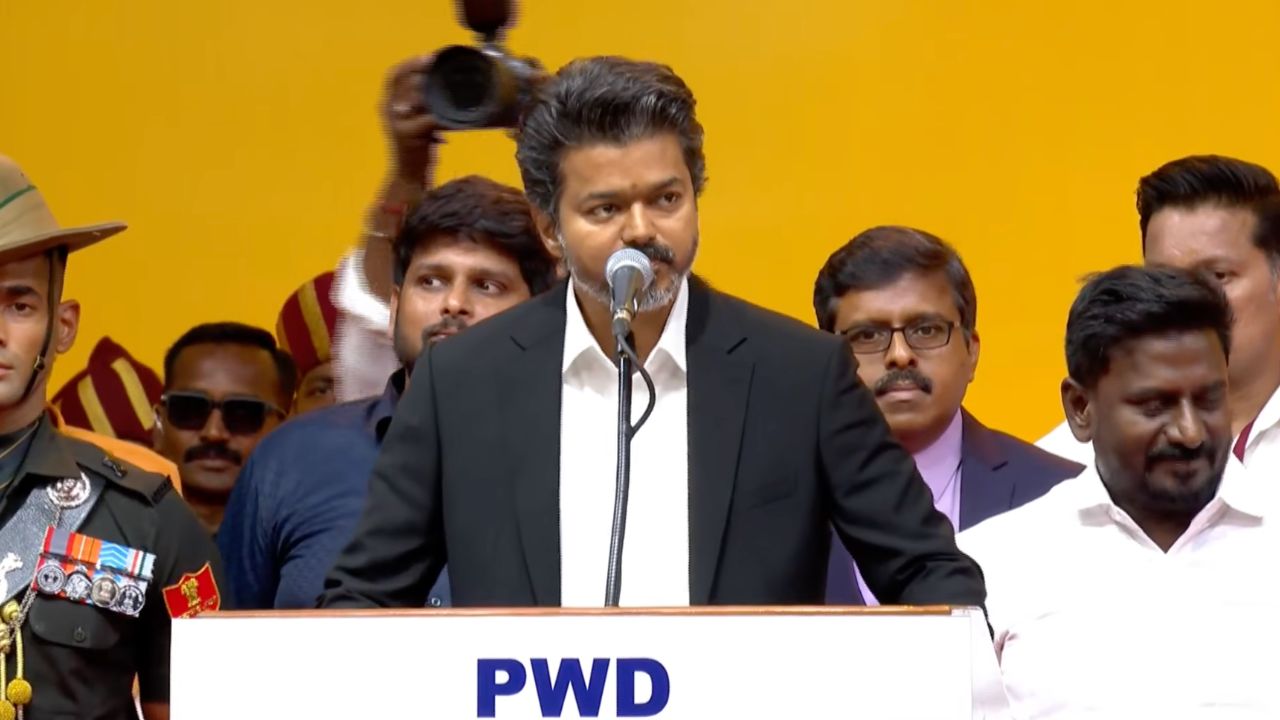 Vijay taking oath as the Chief Minister of Tamil Nadu.