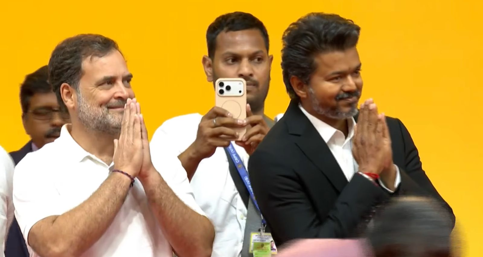 Vijay with Rahul Gandhi during the swearing-in ceremony on Sunday, 10 May.